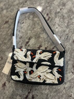Anthropologie Swan Motif Black & White Beaded Bag